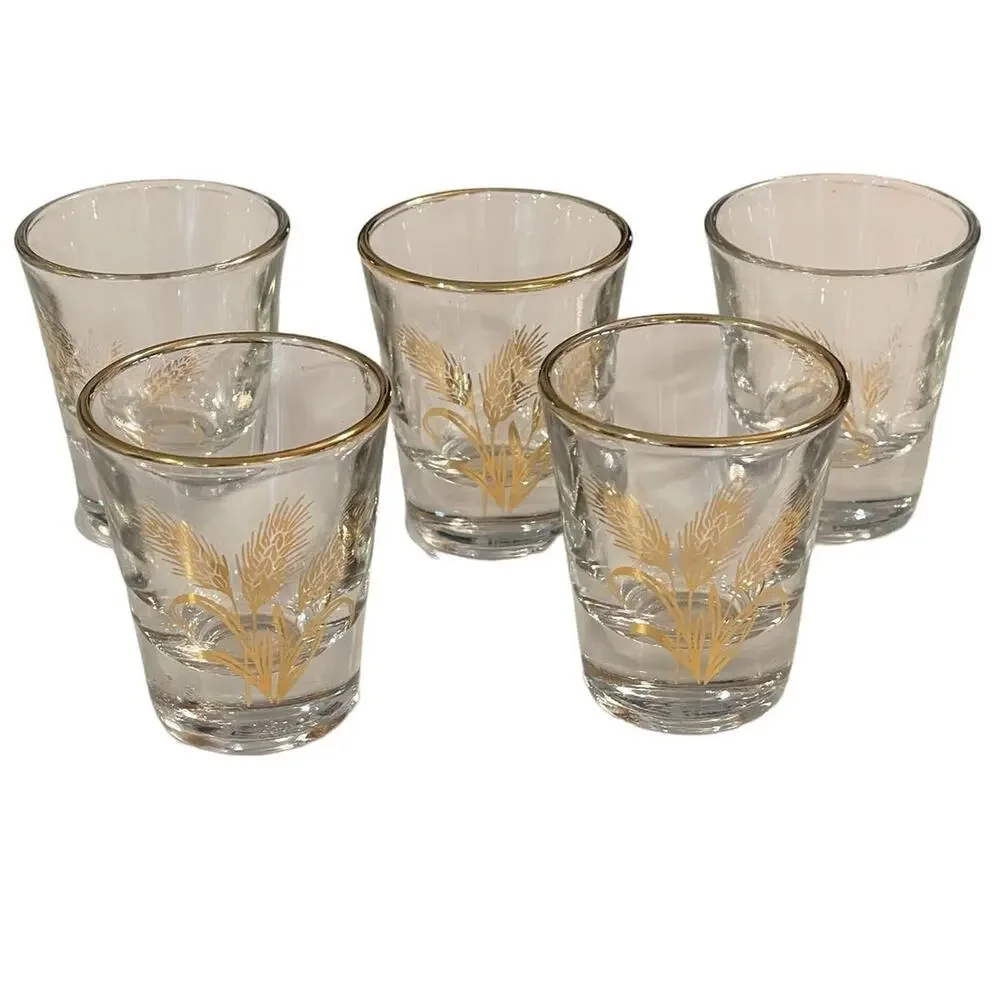 Vintage MCM Shot Glasses Set of 6 Anchor Hocking and Libbey Clear & Gold Wheat